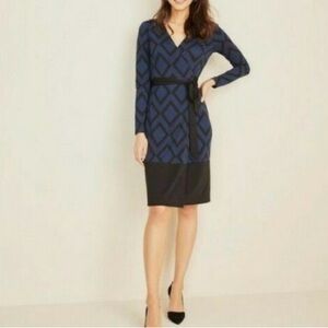 Ann Taylor NWT Navy Blue Black Geometric Print Jersey Wrap Dress